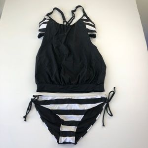 Black White Striped Tankini Set Medium Blouson Top NWT